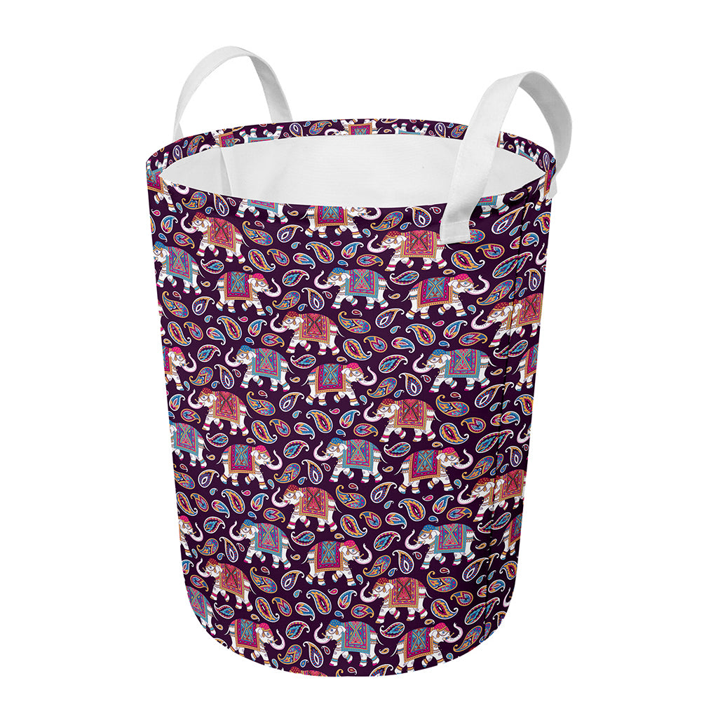 Vintage Indian Elephant Pattern Print Round Laundry Basket