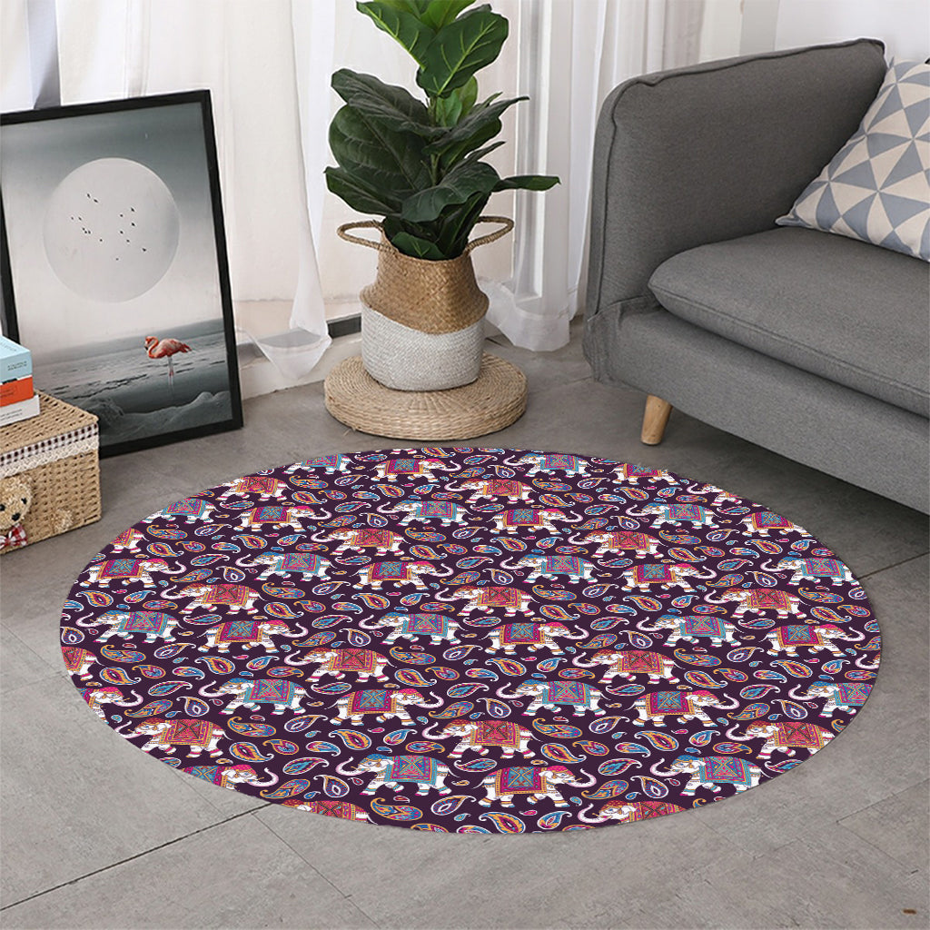 Vintage Indian Elephant Pattern Print Round Rug