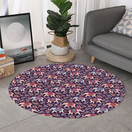 Vintage Indian Elephant Pattern Print Round Rug