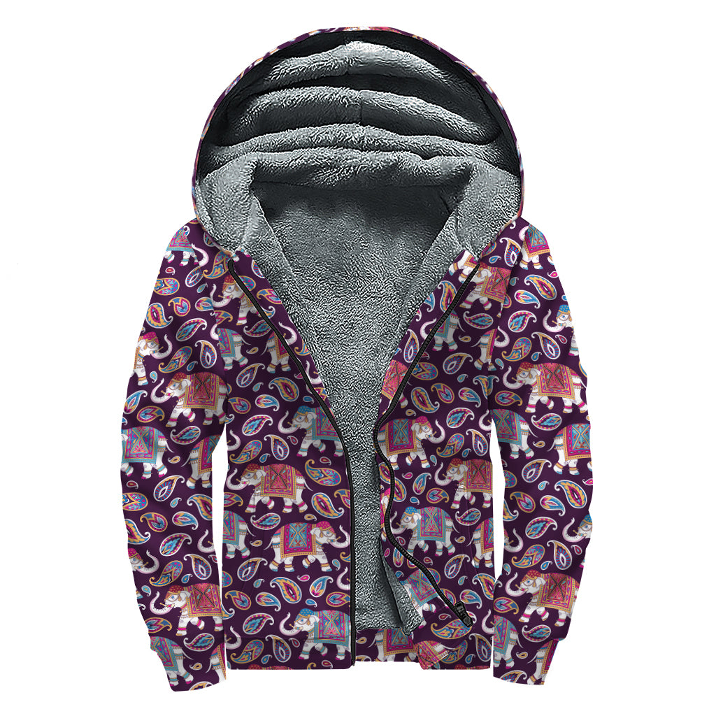 Vintage Indian Elephant Pattern Print Sherpa Lined Zip Up Hoodie