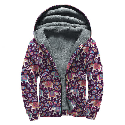 Vintage Indian Elephant Pattern Print Sherpa Lined Zip Up Hoodie