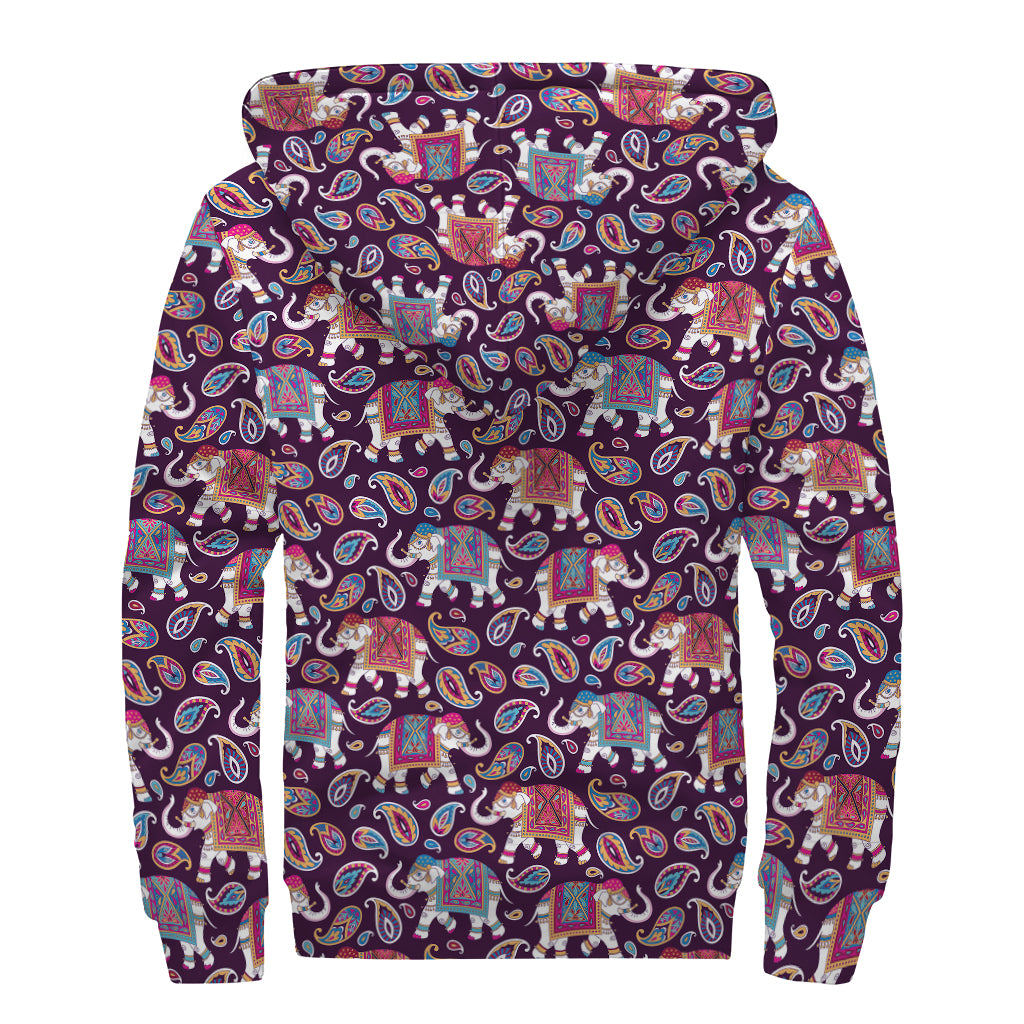 Vintage Indian Elephant Pattern Print Sherpa Lined Zip Up Hoodie