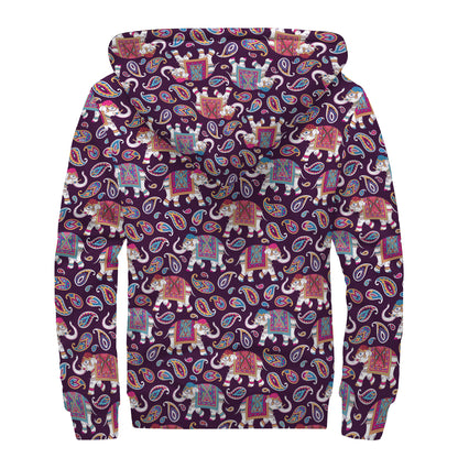 Vintage Indian Elephant Pattern Print Sherpa Lined Zip Up Hoodie