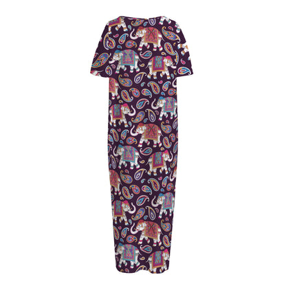 Vintage Indian Elephant Pattern Print Short Sleeve Long Nightdress