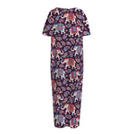 Vintage Indian Elephant Pattern Print Short Sleeve Long Nightdress