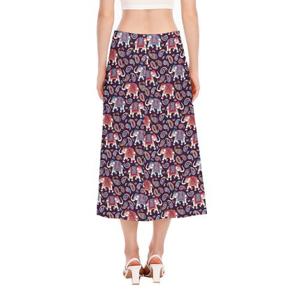 Vintage Indian Elephant Pattern Print Side Slit Midi Skirt