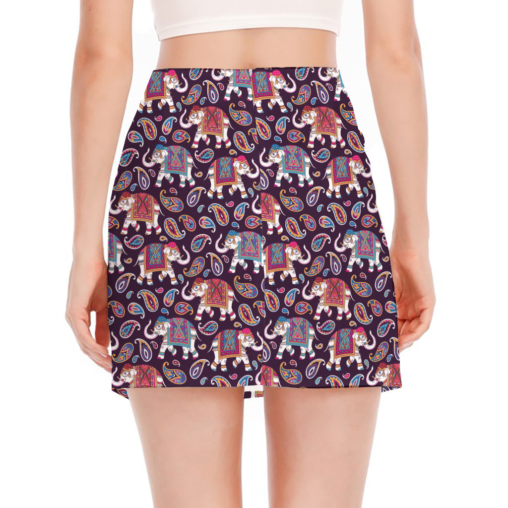Vintage Indian Elephant Pattern Print Side Slit Mini Skirt