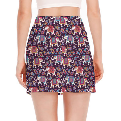 Vintage Indian Elephant Pattern Print Side Slit Mini Skirt