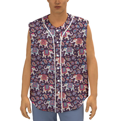 Vintage Indian Elephant Pattern Print Sleeveless Baseball Jersey
