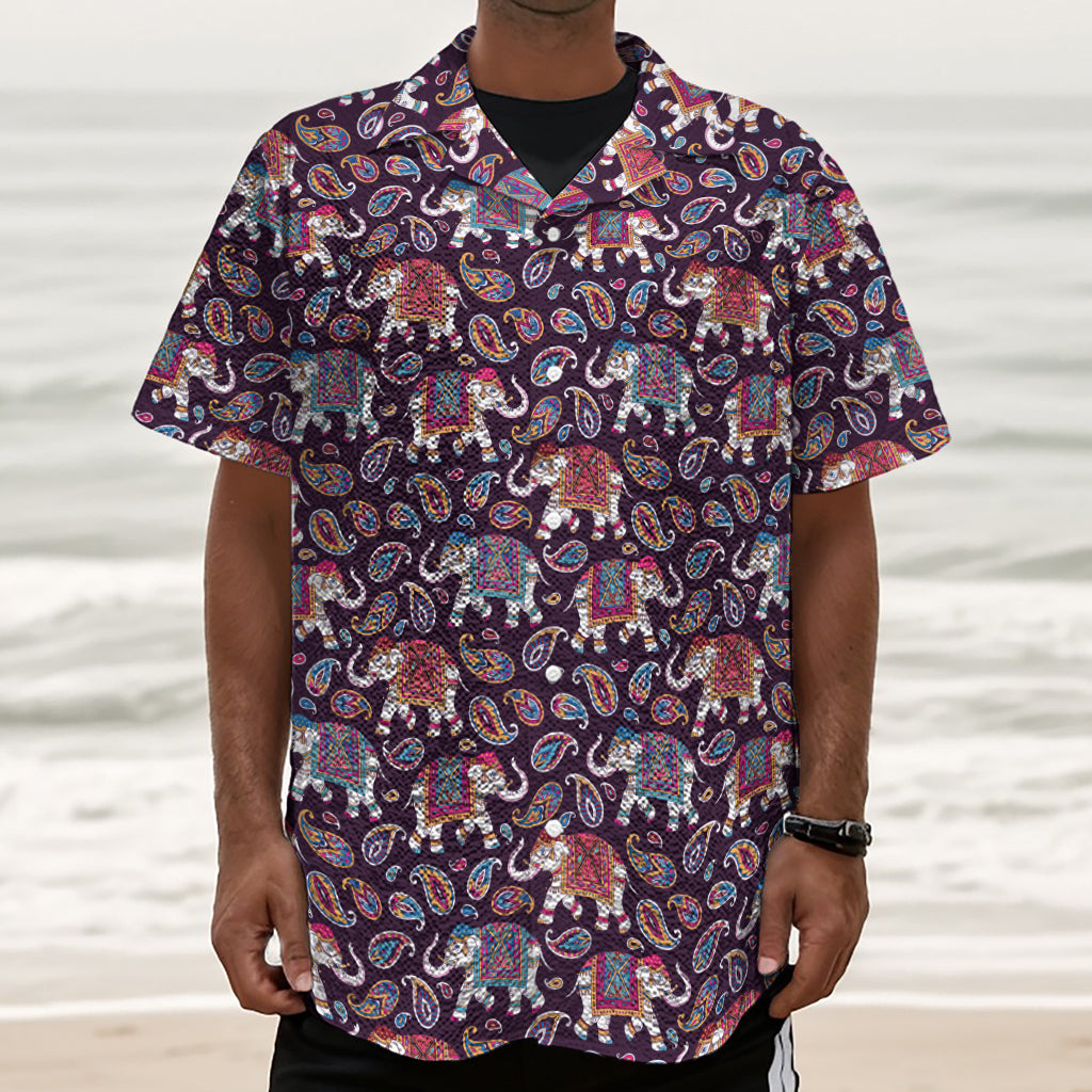 Vintage Indian Elephant Pattern Print Textured Short Sleeve Shirt