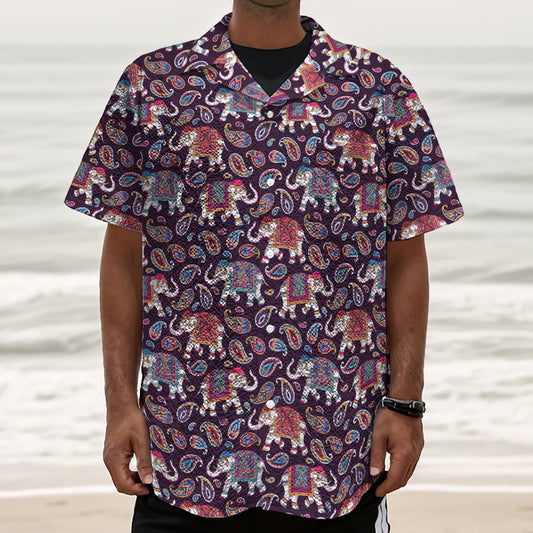Vintage Indian Elephant Pattern Print Textured Short Sleeve Shirt
