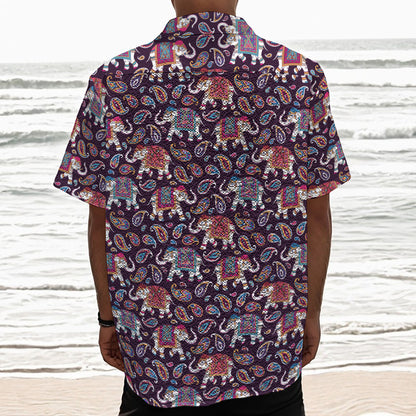 Vintage Indian Elephant Pattern Print Textured Short Sleeve Shirt