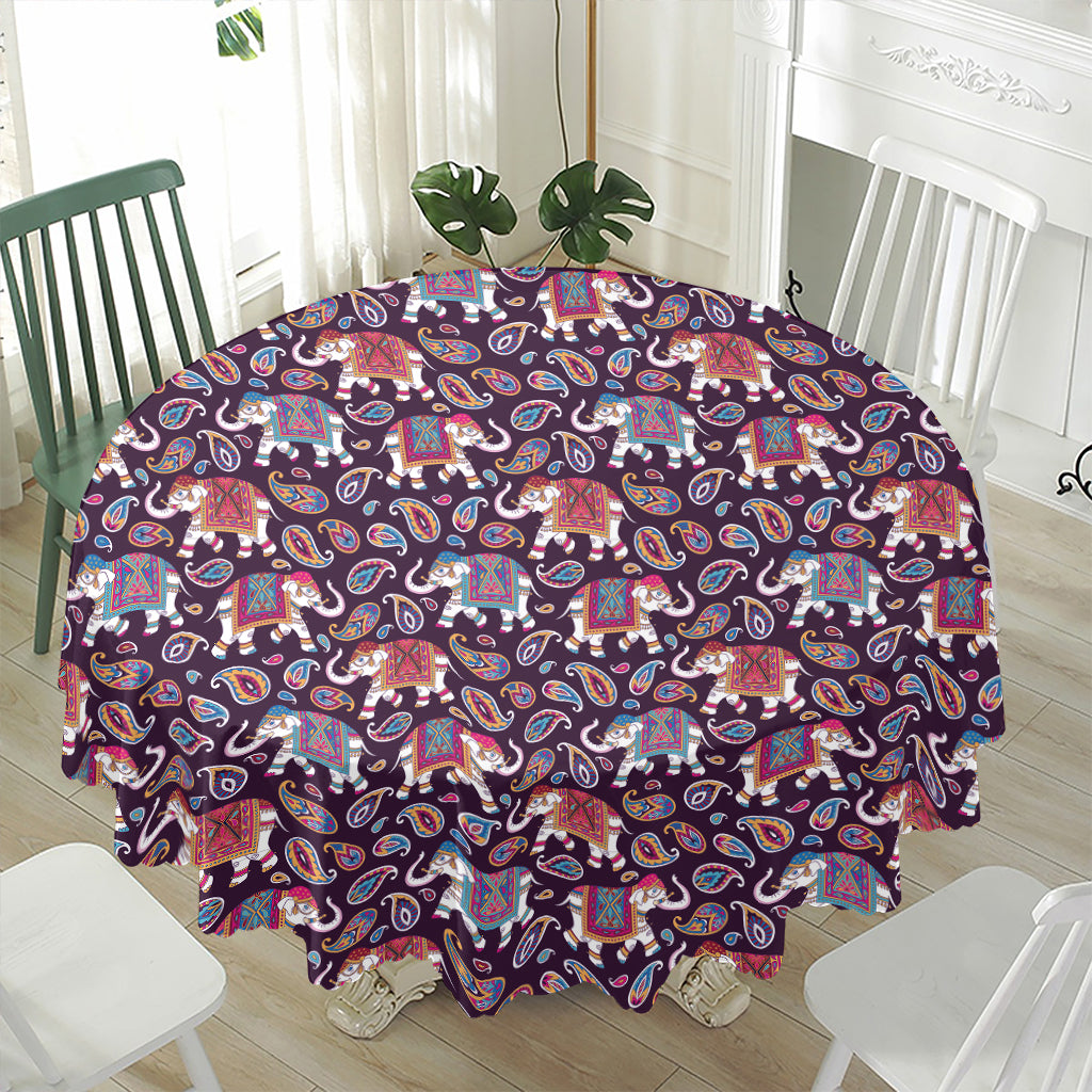 Vintage Indian Elephant Pattern Print Waterproof Round Tablecloth