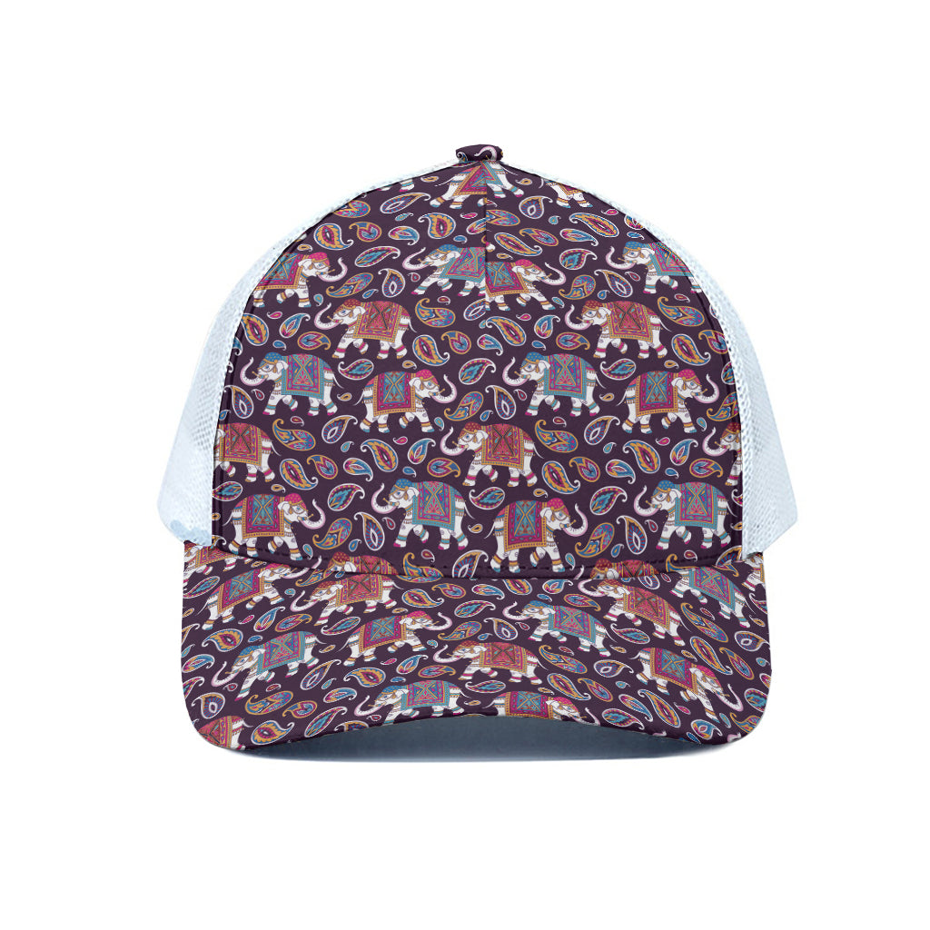 Vintage Indian Elephant Pattern Print White Mesh Trucker Cap