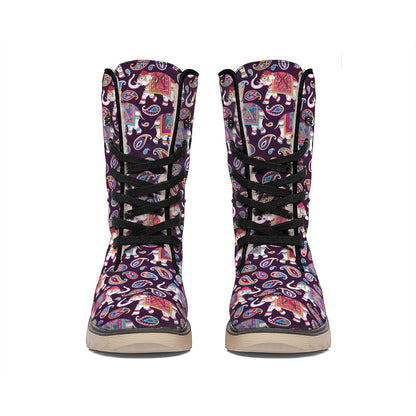 Vintage Indian Elephant Pattern Print Winter Boots