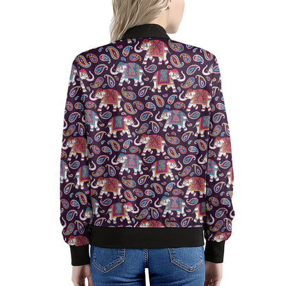 Vintage Indian Elephant Pattern Print Women's Bomber Jacket