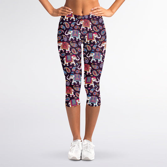 Vintage Indian Elephant Pattern Print Women's Capri Leggings