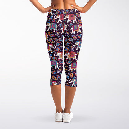 Vintage Indian Elephant Pattern Print Women's Capri Leggings