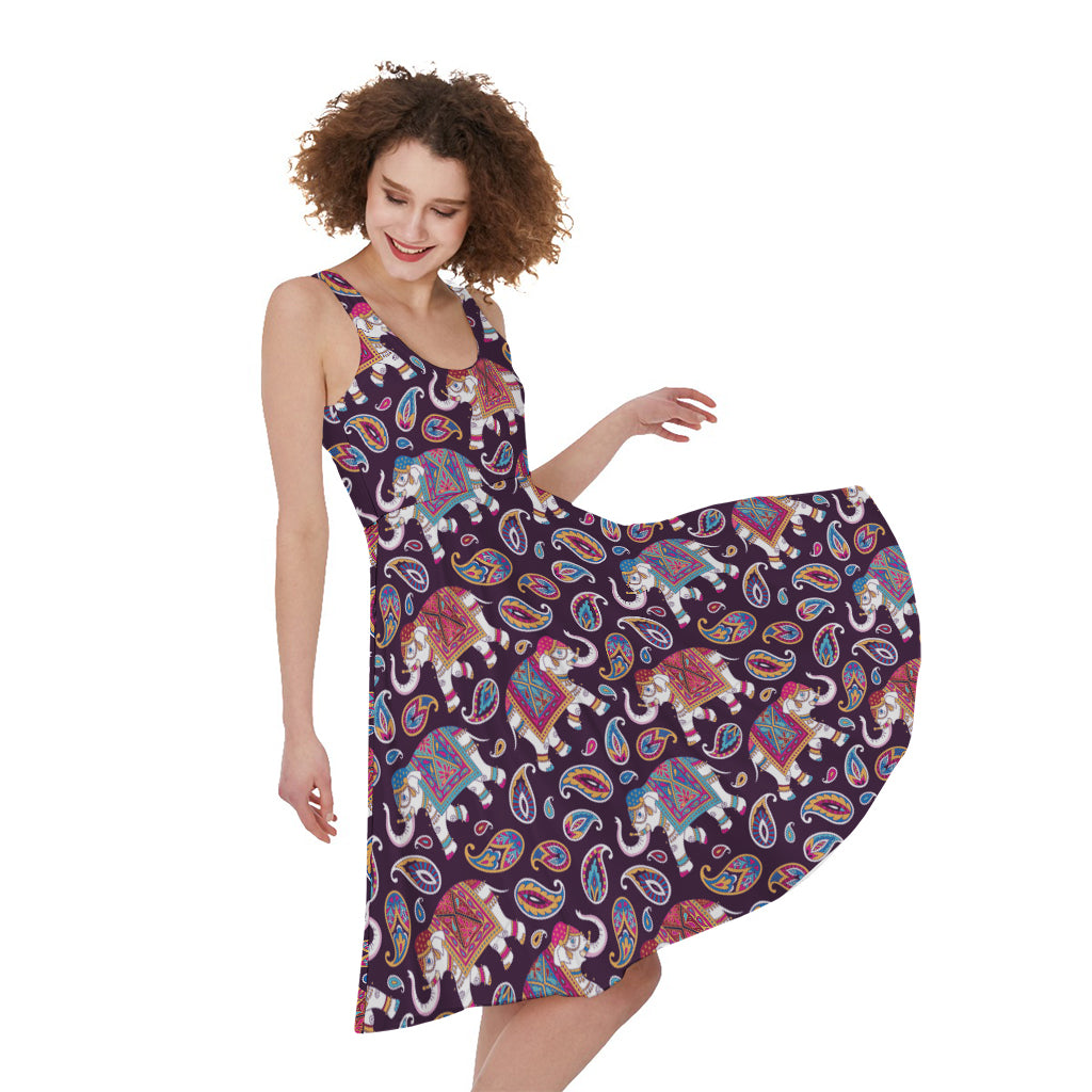 Vintage Indian Elephant Pattern Print Women's Sleeveless Dress