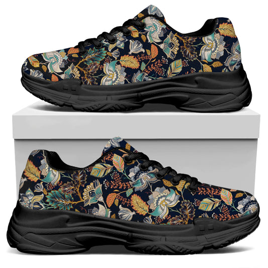 Vintage Indian Floral Pattern Print Black Chunky Shoes