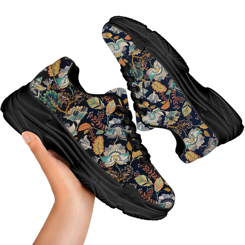 Vintage Indian Floral Pattern Print Black Chunky Shoes