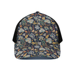Vintage Indian Floral Pattern Print Black Mesh Trucker Cap