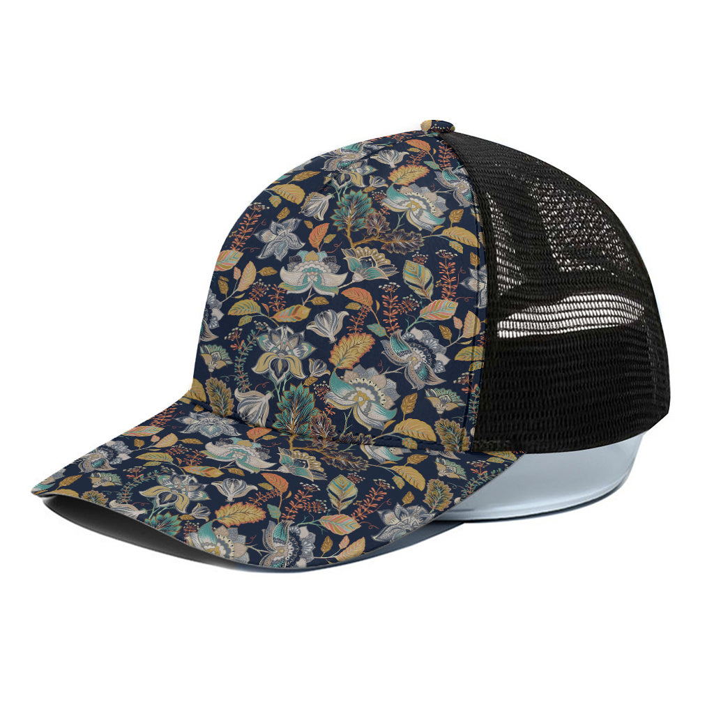 Vintage Indian Floral Pattern Print Black Mesh Trucker Cap