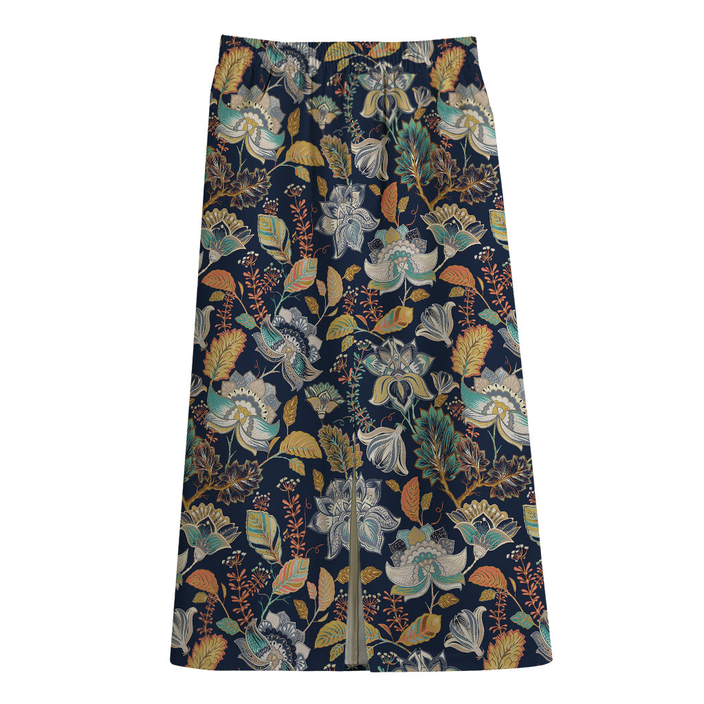 Vintage Indian Floral Pattern Print Cotton Front Slit Maxi Skirt