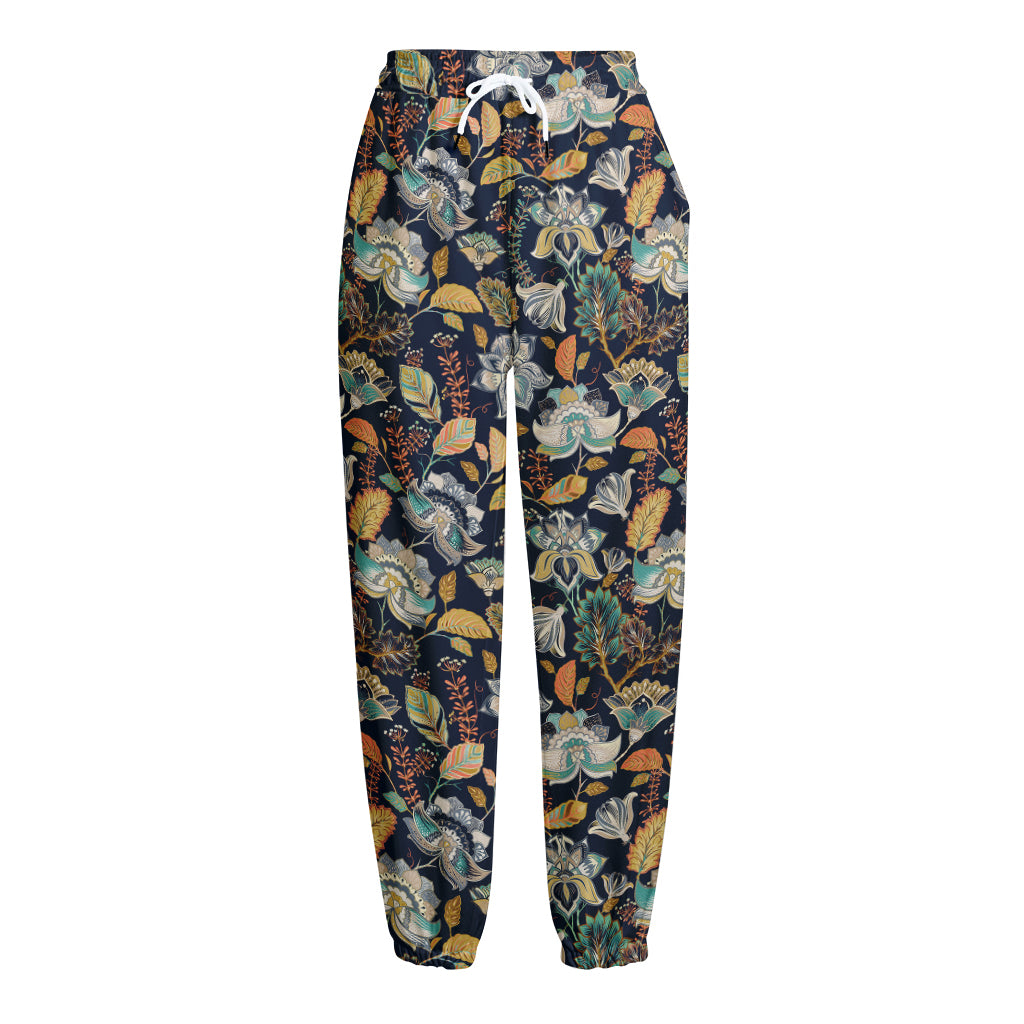 Vintage Indian Floral Pattern Print Fleece Lined Knit Pants