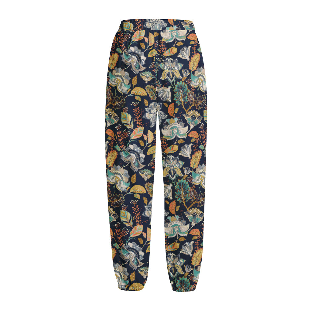 Vintage Indian Floral Pattern Print Fleece Lined Knit Pants