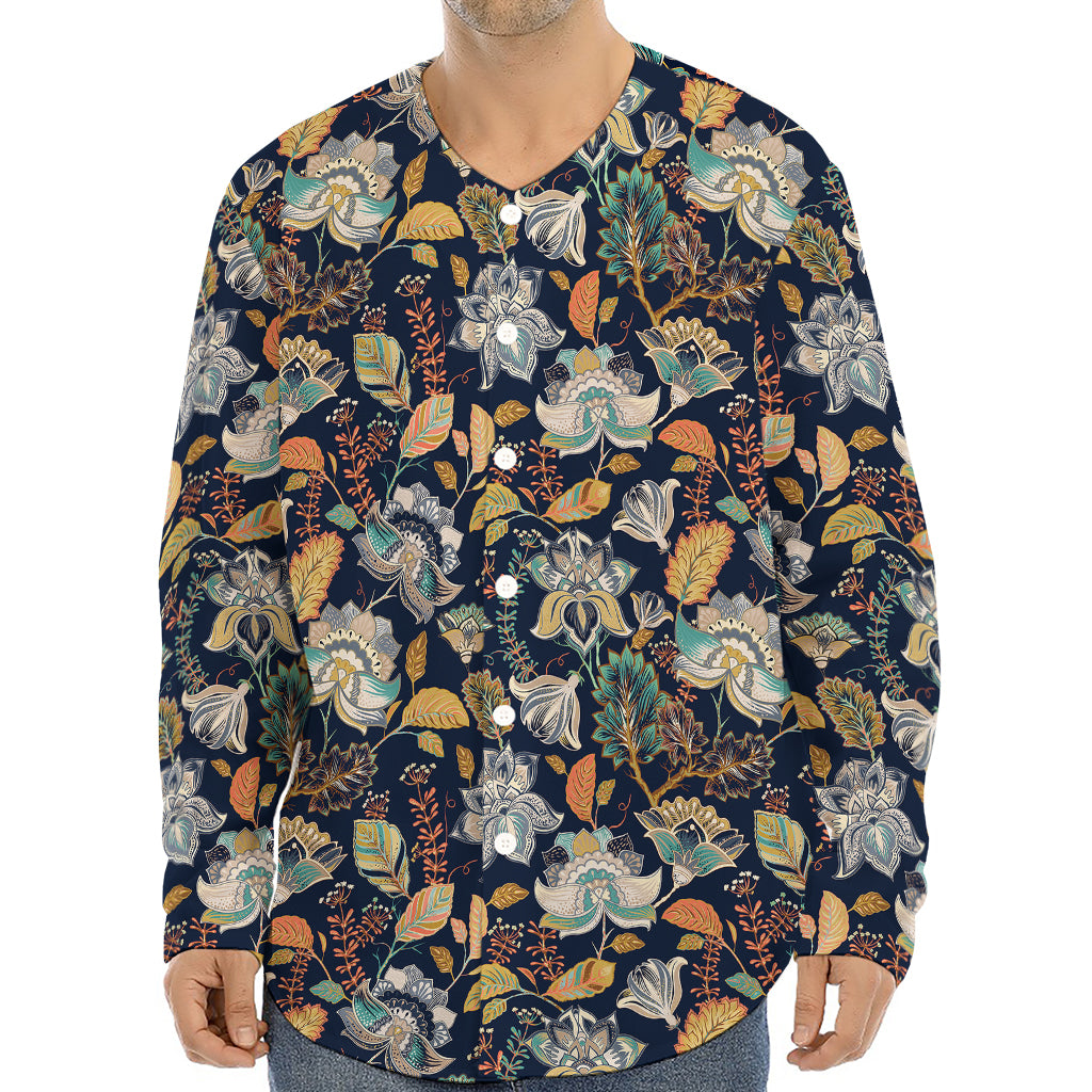 Vintage Indian Floral Pattern Print Long Sleeve Baseball Jersey