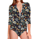 Vintage Indian Floral Pattern Print Long Sleeve Swimsuit