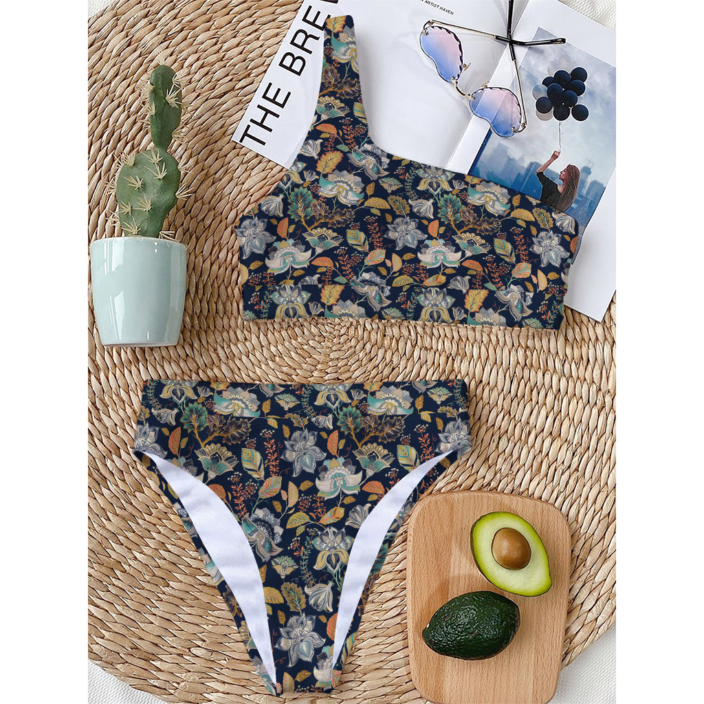 Vintage Indian Floral Pattern Print One Shoulder Bikini Top
