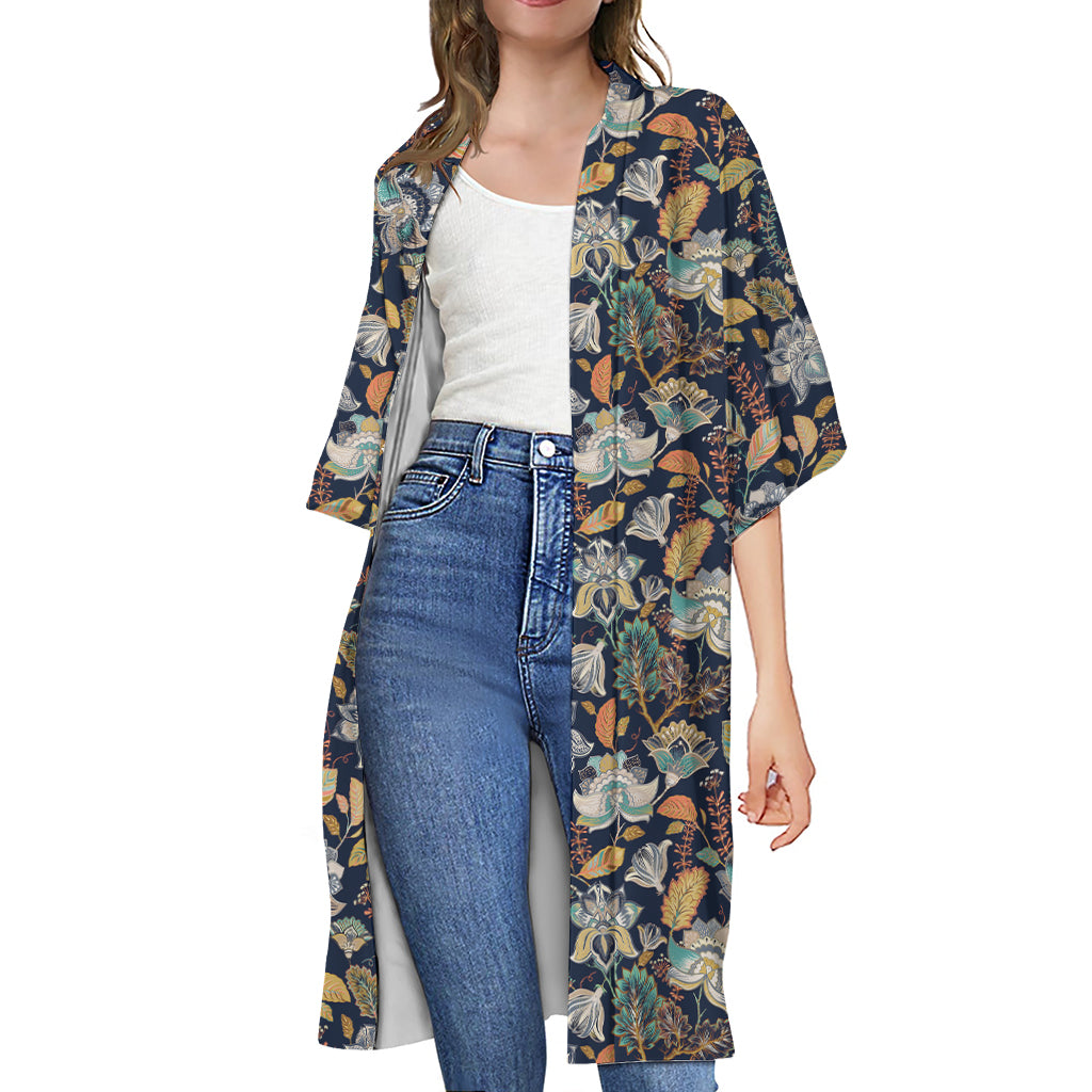 Vintage Indian Floral Pattern Print Open Front Beach Cover Up