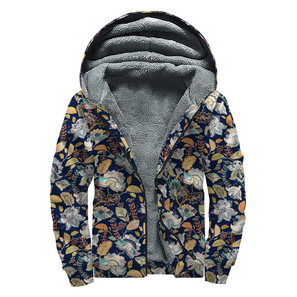 Vintage Indian Floral Pattern Print Sherpa Lined Zip Up Hoodie