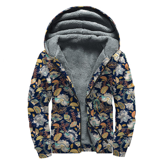 Vintage Indian Floral Pattern Print Sherpa Lined Zip Up Hoodie