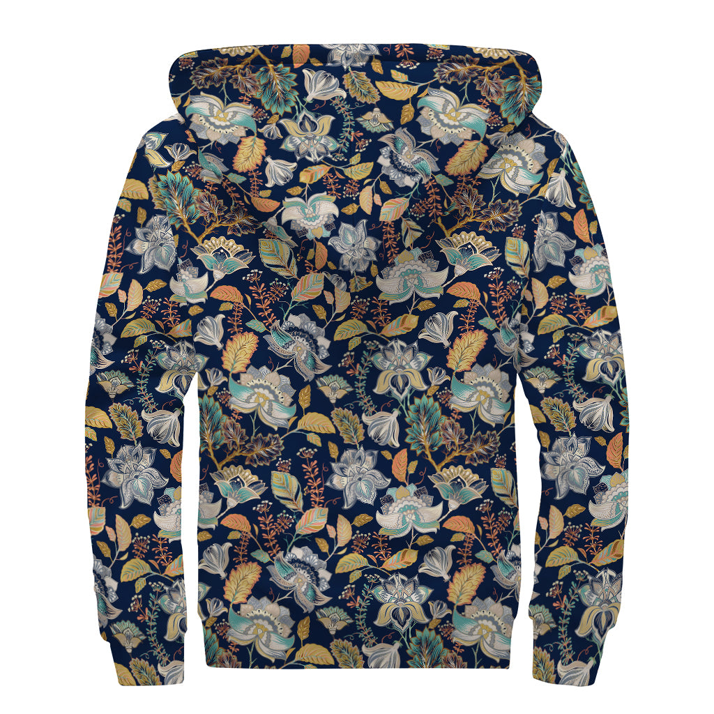 Vintage Indian Floral Pattern Print Sherpa Lined Zip Up Hoodie