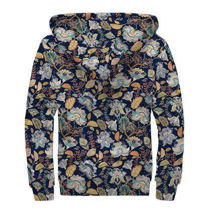 Vintage Indian Floral Pattern Print Sherpa Lined Zip Up Hoodie