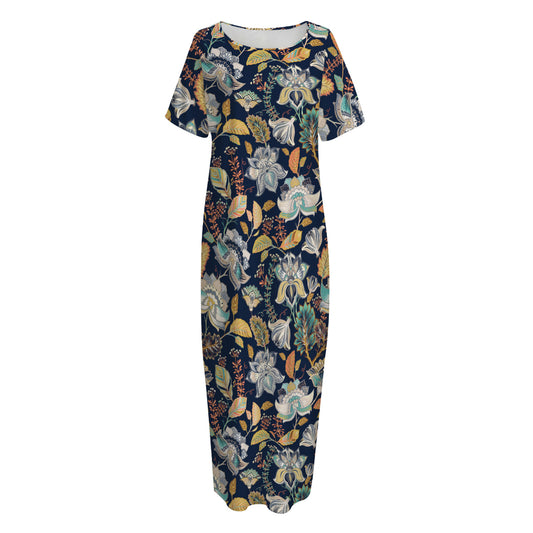 Vintage Indian Floral Pattern Print Short Sleeve Long Nightdress