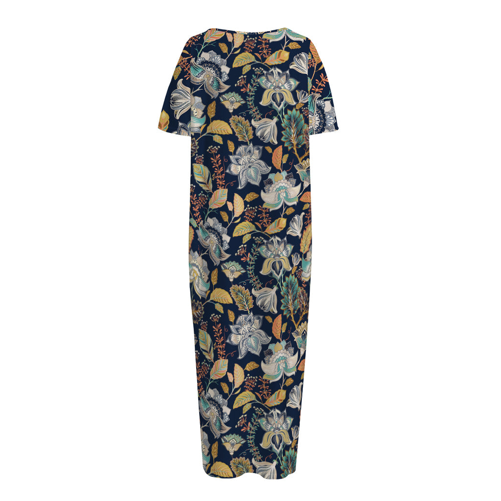 Vintage Indian Floral Pattern Print Short Sleeve Long Nightdress