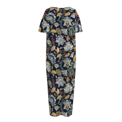 Vintage Indian Floral Pattern Print Short Sleeve Long Nightdress