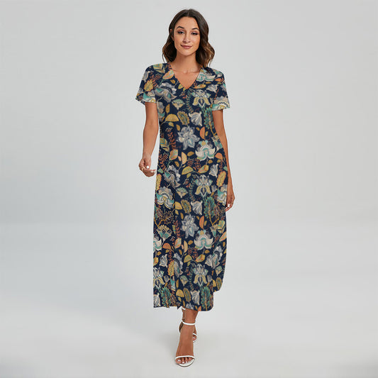 Vintage Indian Floral Pattern Print Short Sleeve Maxi Dress