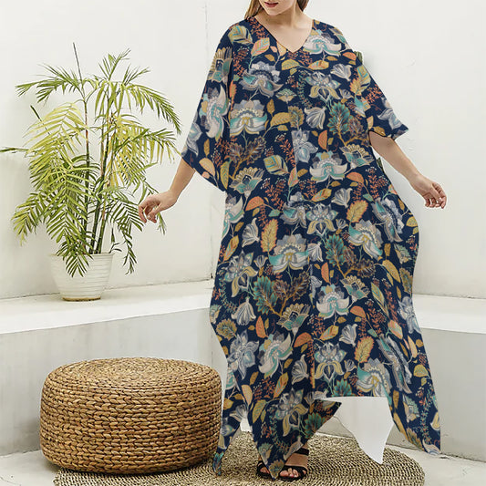 Vintage Indian Floral Pattern Print Silk V-Neck Kaftan Dress