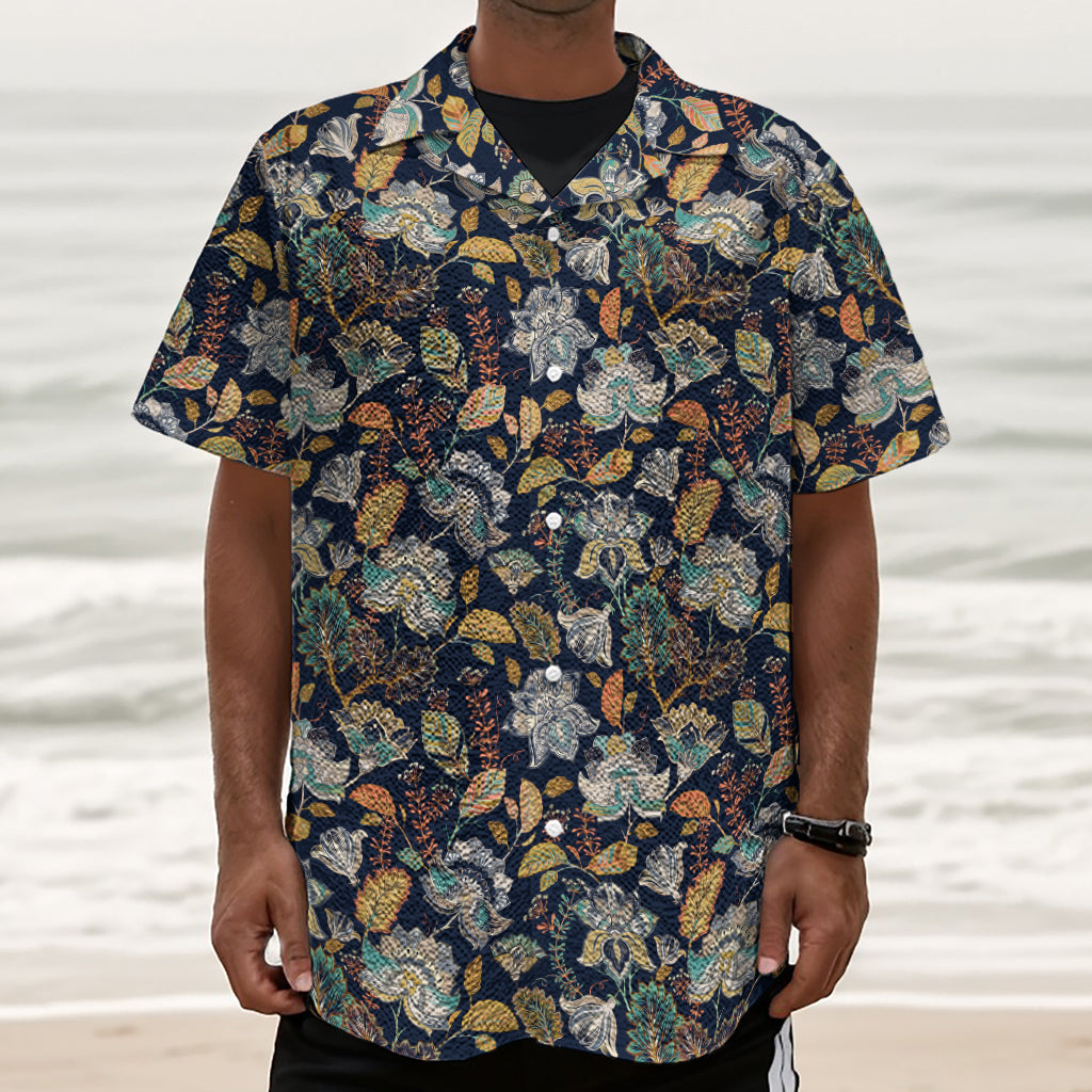 Vintage Indian Floral Pattern Print Textured Short Sleeve Shirt
