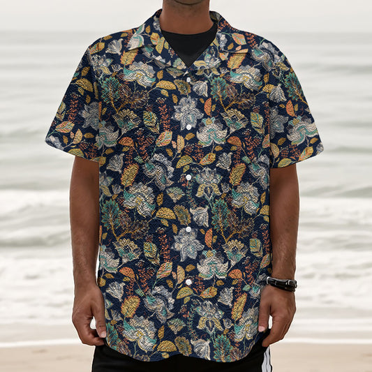 Vintage Indian Floral Pattern Print Textured Short Sleeve Shirt