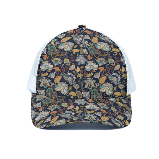 Vintage Indian Floral Pattern Print White Mesh Trucker Cap