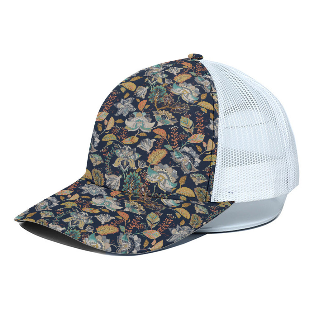 Vintage Indian Floral Pattern Print White Mesh Trucker Cap