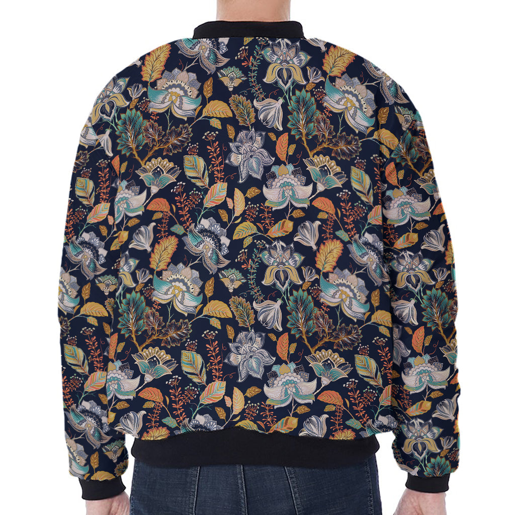 Vintage Indian Floral Pattern Print Zip Sleeve Bomber Jacket