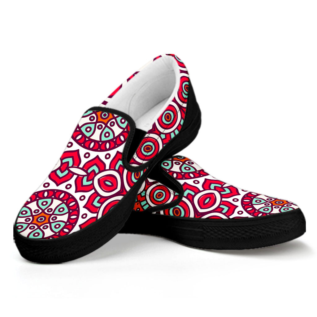 Vintage Indian Mandala Print Black Slip On Sneakers