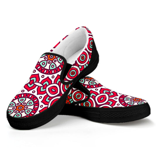 Vintage Indian Mandala Print Black Slip On Sneakers